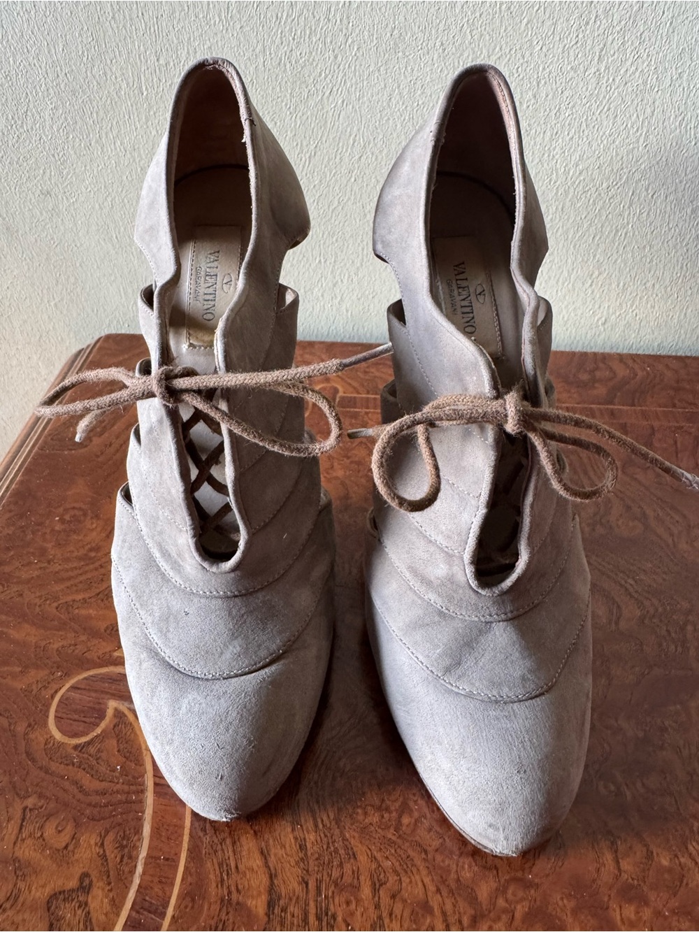 Valentino Garavani Taupe Suede Lace-Up Pointed-Toe Heels